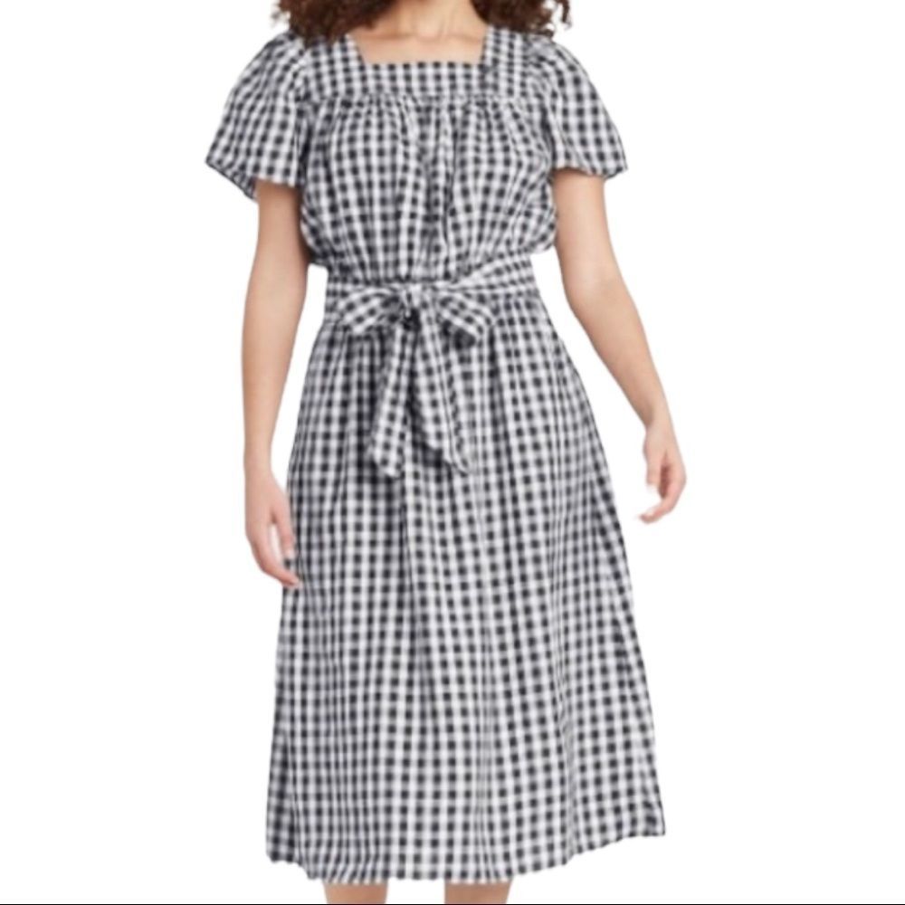 WHO WHAT WEAR Gingham Cottage Core Midi Dress Black White XXL NWT